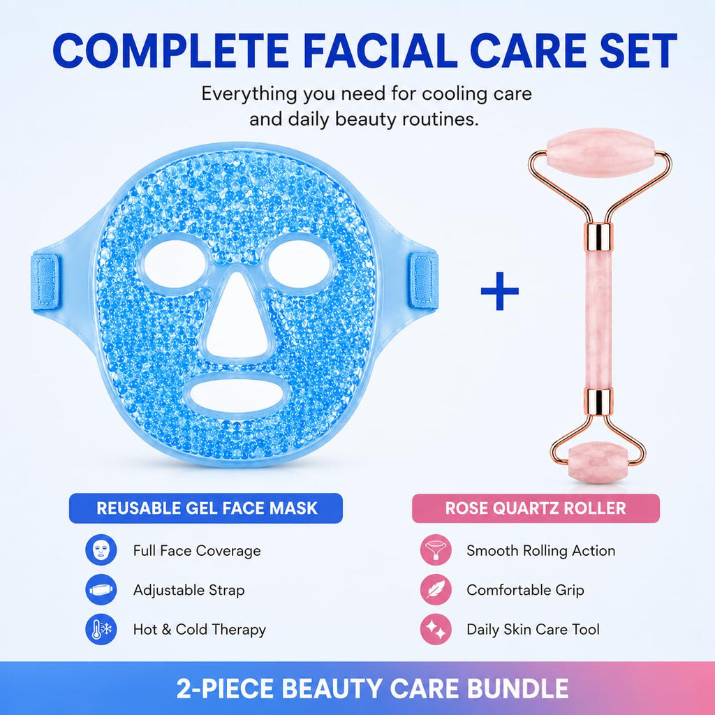 QIURUNMA Cold Face Eye Mask Ice Pack Reduce Facial Puff, Dark Circles, Gel Beads Hot Heat Cold Compress Pack, Face SPA for Woman Sleeping, Pressure, Headaches (Blue(jade Roller+face Mask))