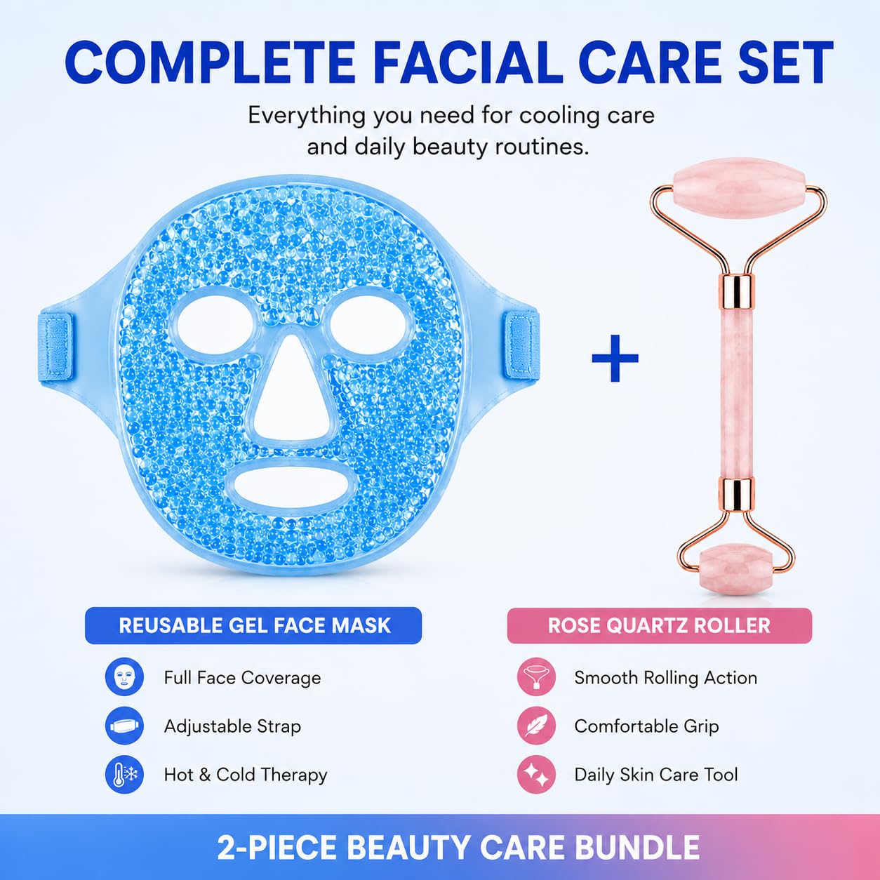 QIURUNMA Cold Face Eye Mask Ice Pack Reduce Facial Puff, Dark Circles, Gel Beads Hot Heat Cold Compress Pack, Face SPA for Woman Sleeping, Pressure, Headaches (Blue(jade Roller+face Mask))