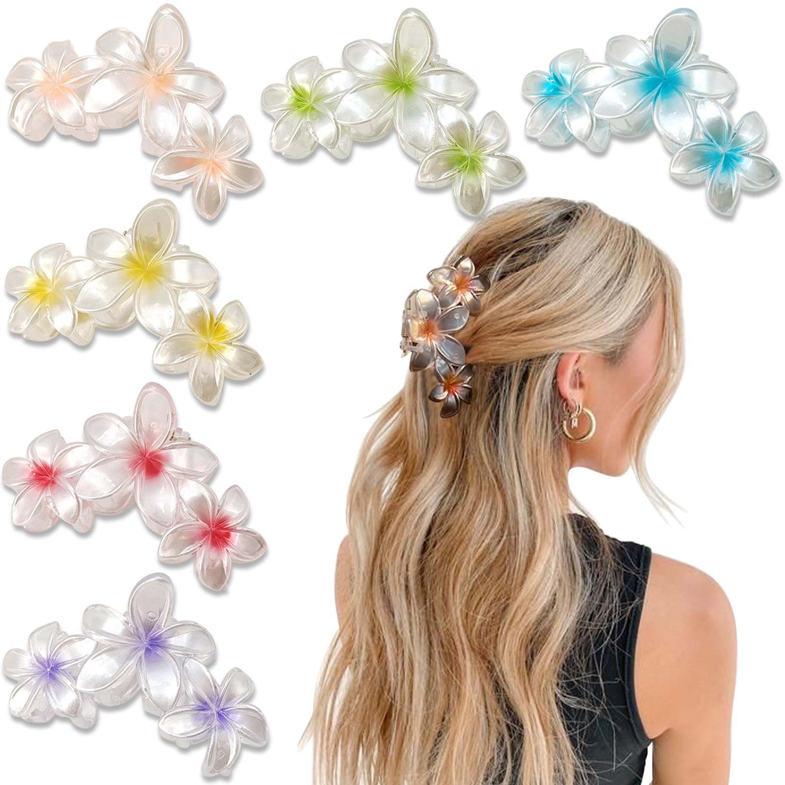 YONOY 6Pcs Flower Hair Clips for Women,Non-Slip Matte Flower Hair Clips for Women,Hawaiian Hair Flower Clip Large Plumeria Banana Cute Clip Beach Hair Accessories (Pearlescent color)
