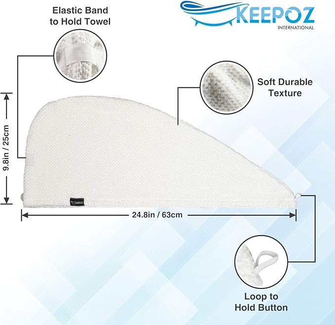 KEEPOZ Hair Towel Wrap Quick Dry 100% Cotton Super Absorbent Turban Head Wrap for Women with Button, Non Microfiber Anti Frizz Hair Cap for Curly, Long & Thick Hair (White Check, 2 Pcs)