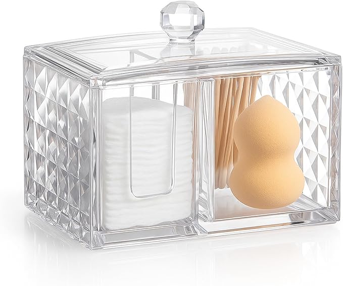 OYATON Cotton Swab Holder - Compact Bathroom Canister with Lid and 3 Compartments for Organizing Cotton Ball, Swab, Pad - Acrylic Bathroom Storage Jar Compatible with Q Tips