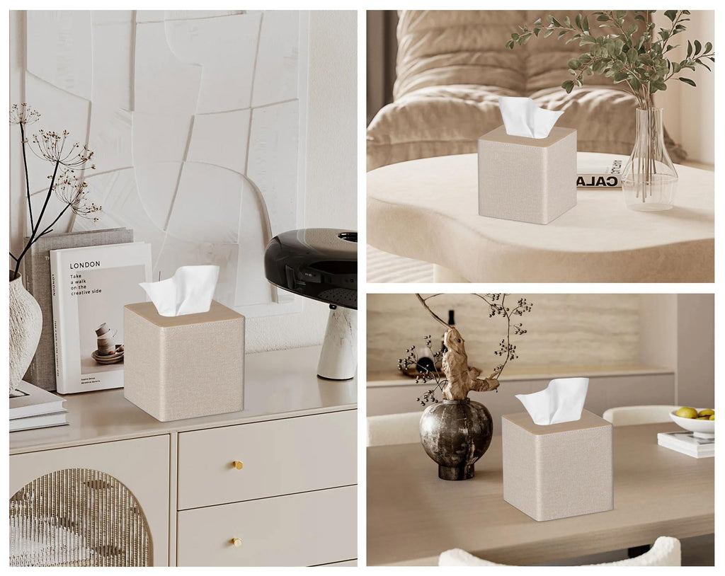 GOLRANLYE Tissue Box Cover Square PU Leather Facial Tissue Box Holder for Dresser Bathroom Decor (Beige)