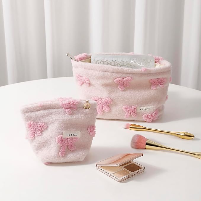 getgto 2 Pcs Makeup Bags, Large Cosmetic Bag Travel Toiletry Bag Organizer for Women, Plush Makeup Bag Small Cosmetic Pouch Purse with Zipper Gifts for Girls Teen