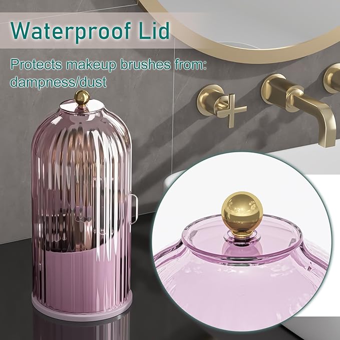 GAXmi Makeup Brush Holder with Lid Rotating Cosmetic Organizer, Pink-Purple