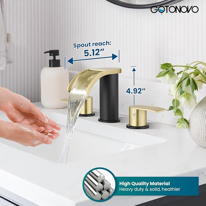 gotonovo Waterfall 8 inch Widespread Bathroom Faucet Set Bathroom Sink Faucet 3 Hole 2 Handle Vanity Lavatory Deck Mount with Pop Up Drain and Water Supply Lines Round Body Gold and Matte Black