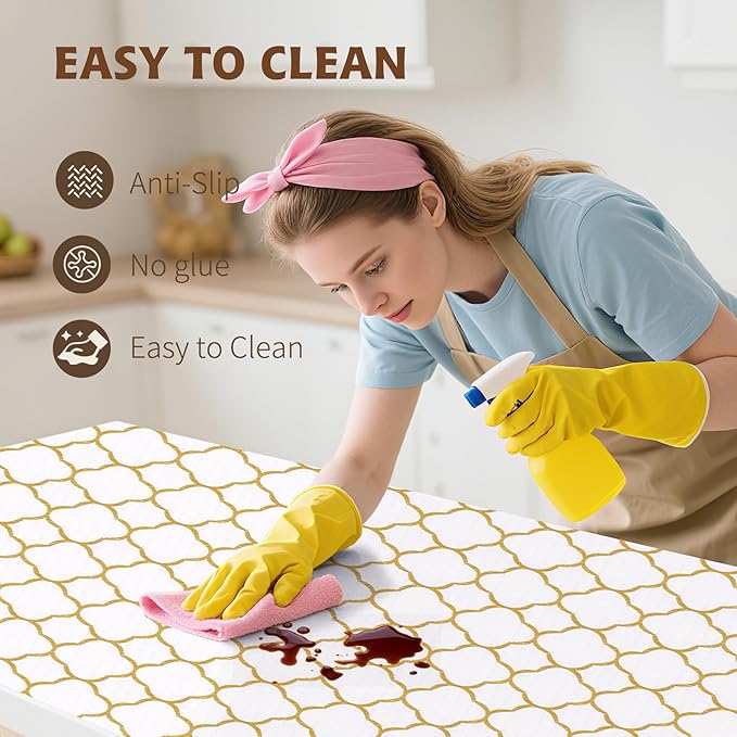 Shelf Liners for Kitchen Cabinets 23in x 20FT Non Adhesive Drawer Liner Gold Quatrefoil Thickened Shelf Liner Paper Strong Non-Slip Easy to Clean for Tool Box Refrigerator with Knife and Tape Measure
