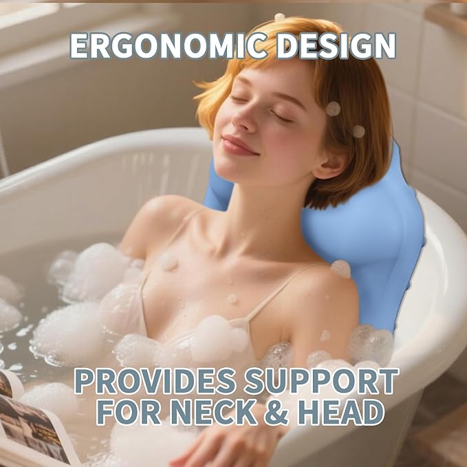 Silicone Bath Pillow for Tub – Ergonomic Bathtub Headrest with Inflatable Air Cushion, Non-Slip Suction Cups & Neck/Back Support – Comfortable Spa Bath Accessory for Relaxation (Blue)
