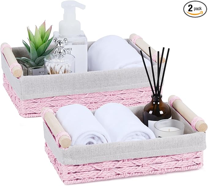 Wicker Storage Basket with Wooden Handle – Paper Rope Decorative Toilet Paper Baskets & Bathroom Organizer for Toilet Tank Top, Shelves, Bedroom, Countertop,Home,Office Storage Bins, 2 Pack,Pink