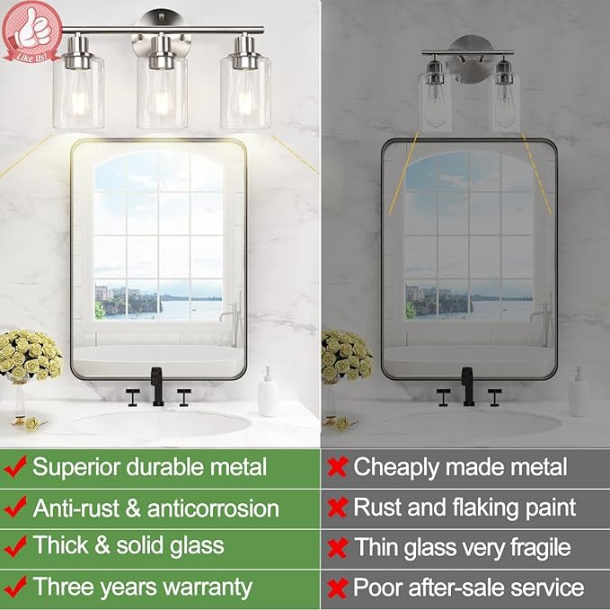 Zarbitta 3-Light Bathroom Light Fixtures, Brushed Nickel Vanity Light, Farmhouse Wall Lights with Clear Glass Shade, Bathroom Wall Lamp for Mirror Kitchen Bedroom Hallway Living Room Hallway Cabinet