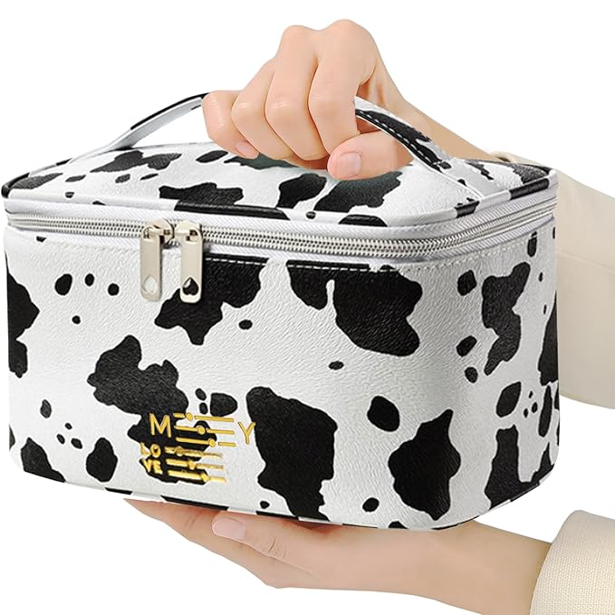 Travel Makeup Bag for Women, PU Leather Cosmetic Case, Cute Cow Printed