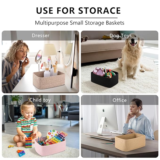 OIASKET 4 Pack Small Storage Shelf Baskets for Organizing, Mini Woven Rope Storage Bins for Towels, Cute Decorative Closet Organizer，Baby Nursery, Gift Empty Baskets -11.81''Lx7.87''Wx4.72''H-Jute