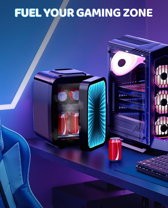 LIGIANT Mini Fridge, Mini Compact Refrigerator With 7 Gaming Lights Modes, 4 Liter/6 Cans, Quiet Cooling & Retention Function, AC/DC Power, Gaming Mini Fridge for Bedrooms, Office and Car