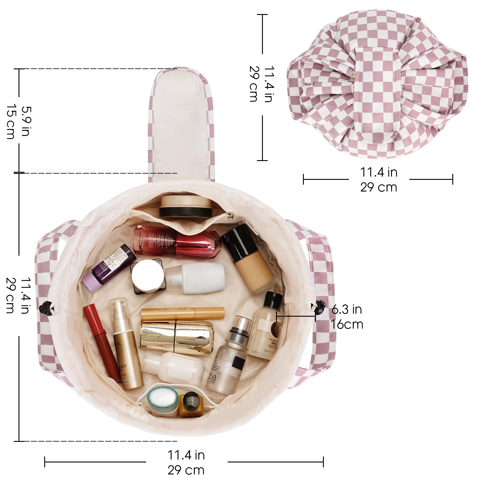 Narwey Barrel Drawstring Checkered Makeup Bag Large Cosmetic Bag Make up Bags Toiletry Bag Travel Bags for Toiletries Organizer for Women Gift for Teen Girls (Dusty Pink Checkerboard) (Patent)