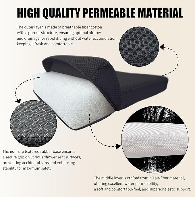 Gwremzlox Shower Seat Cushion,Thickened Shower Chair Cushion 4D Air Fiber Material,Machine Washable and Fast Drying Suitable for Shower Seats Bathtub Baths, Poolside & Rest Dressing Room Seats，Black