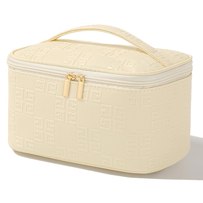 Meiyuuo Travel Makeup Bag for Women, PU Leather Cosmetic Bag, Light Beige