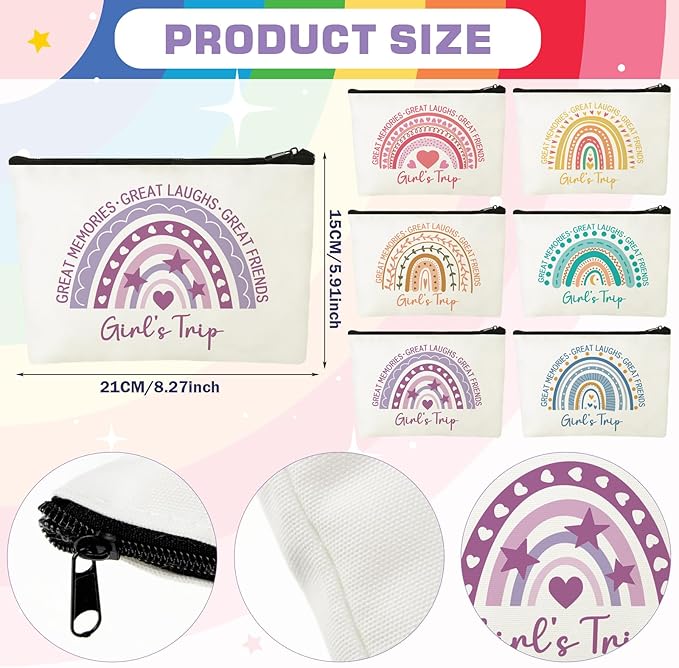 Sweetude 12 Pcs Girls Trip Makeup Bags Bulk Girls Weekend Gifts Rainbow Makeup Bag Portable Travel Cosmetic Bags with Zipper Bachelorette Travel Storage Pouch for Women Friendship Bestie Party Favors