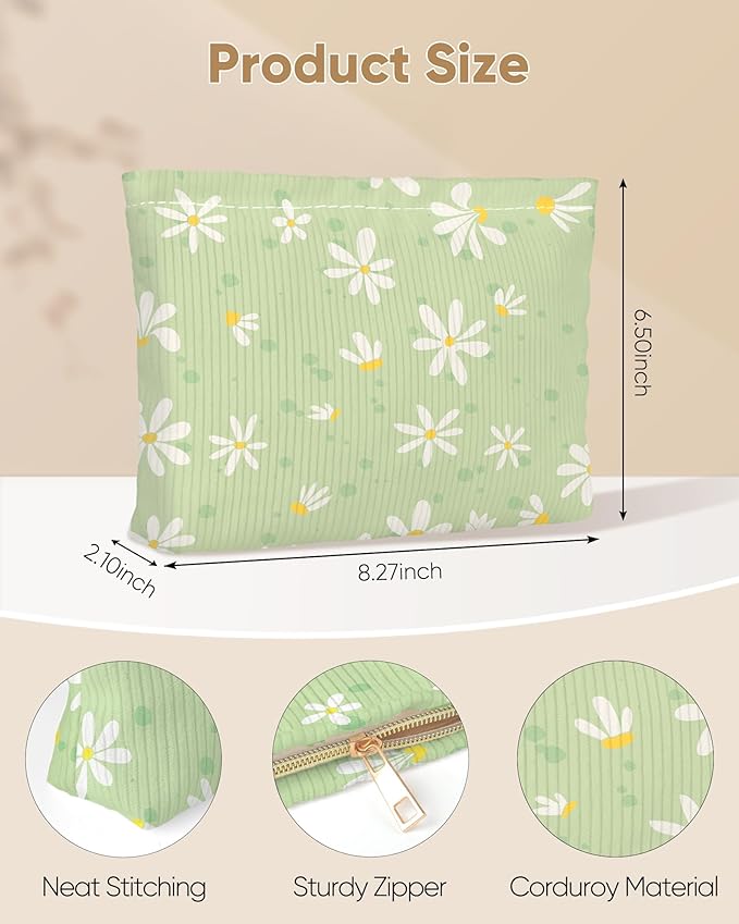 Ksriylm Cute Elegent Floral Flower Makeup Pouch for Women Small Make Up Bag for Purse Zipper Initial Makeup Cosmetic Bags Pouches for Purse Aesthetic Travel Toiletry Bags, Green Daisy