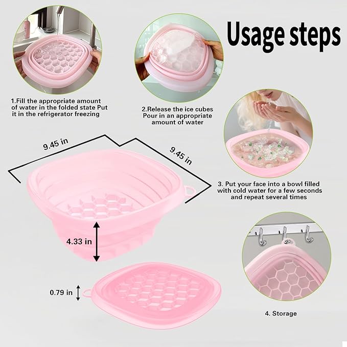EBIGIC Face Bowl for Ice with Built-in IceTray,Collapsible Silicone Face Ice Bowl – Cold Plunge Therapy for Skin Tightening & Facial Treatment– Portable Spa Tool for Home & Travel（Pink) ﻿