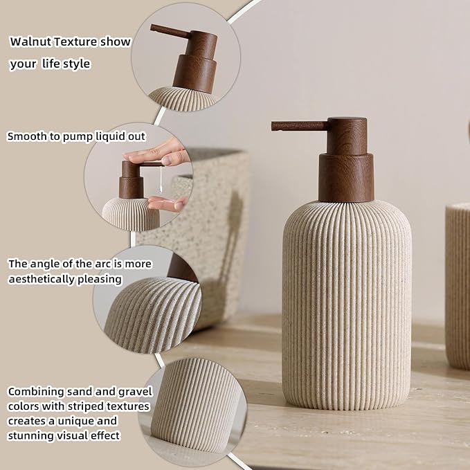 WUUAHOME Bathroom Accessories Set, 5 PCS Sandstone Look Stripe Modern Bath Organizer with Soap Dispenser, Toothbrush Holder, Tumbler, Soap Dish, Candle Holder for Countertop Kitchen Sink (Beige)