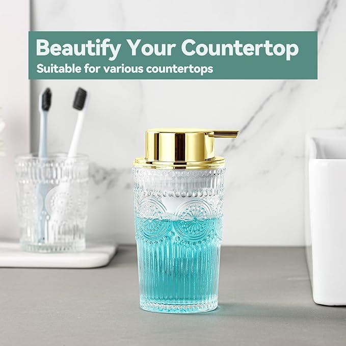 AZMOYAC Glass Foam Soap Dispenser, 8 Oz Face Wash Dispenser for Bathroom, Vintage Glass Clear Foaming Hand Soap Dispenser, Small Refillable Lotion Dish Dispenser for Kitchen (Golden-7 OZ)