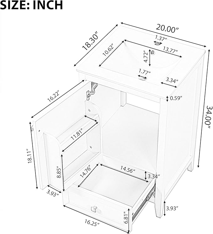 Bellemave 20-inch Bathroom Vanity with Sink, Free Standing Bathroom Vanity Cabinet with Soft Closing Door, Storage Rack, and Drawer, Solid Wood Vanity Set with Ceramic Sink（Grey）