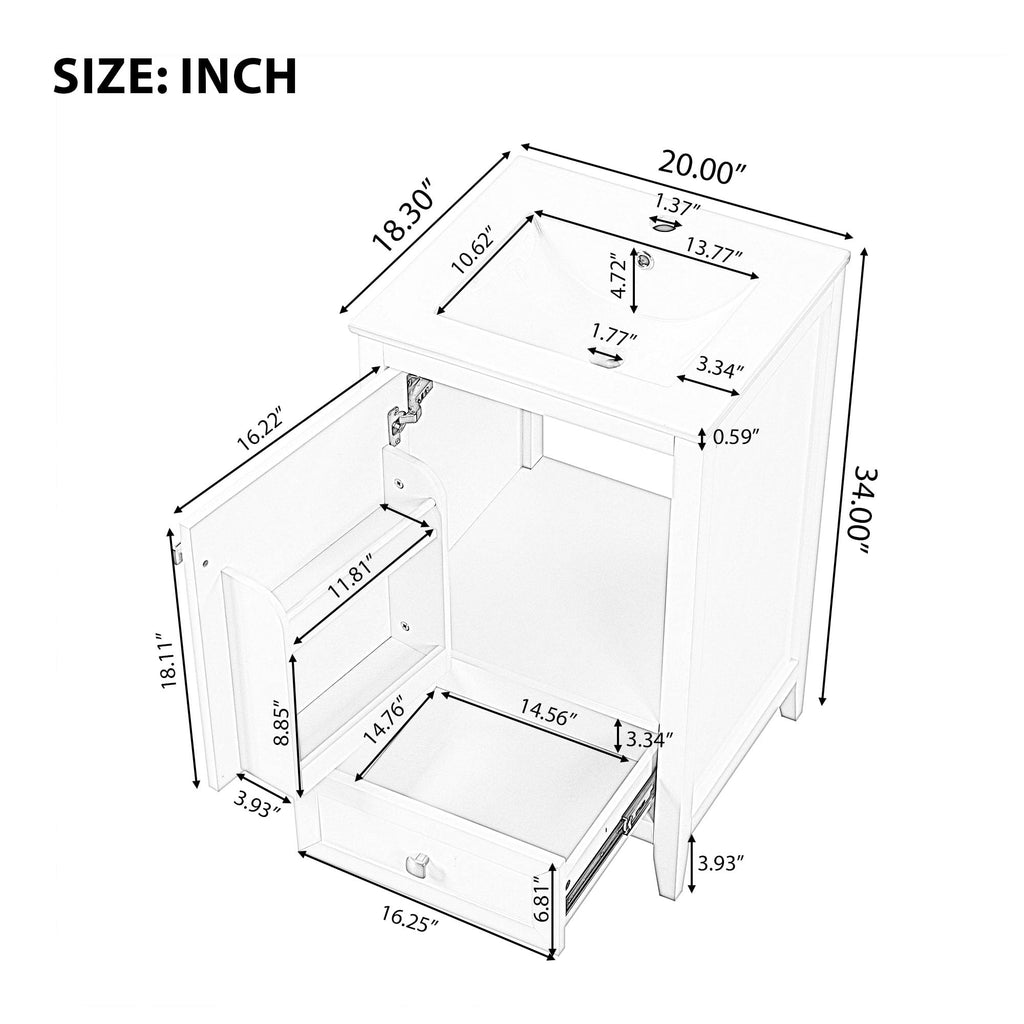 Bellemave 20-inch Solid Wood Bathroom Vanity with Sink, Free Standing Cabinet, Soft Closing Door, Storage Rack, Drawer (White)