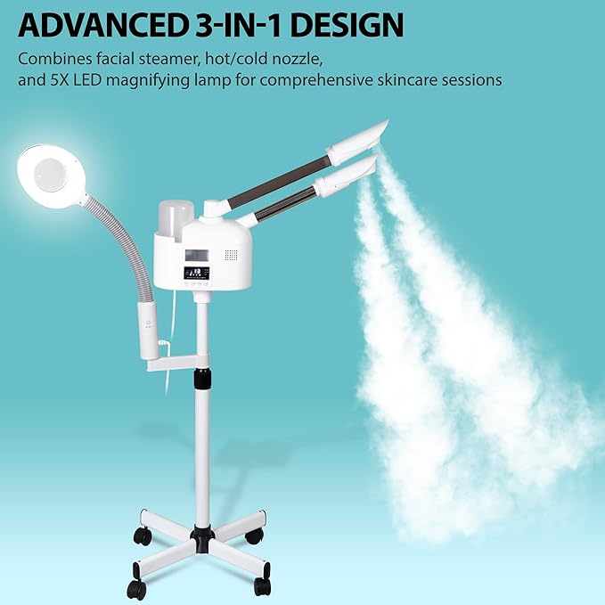 BBBuy Professional 3 in 1 Facial Steamer Deep Cleaning Ozone Facial Steamer with 5X Magnifying Light & Rolling Wheels Hot/Cold Mist Function for Salon Spa Home Beauty Equipment, White