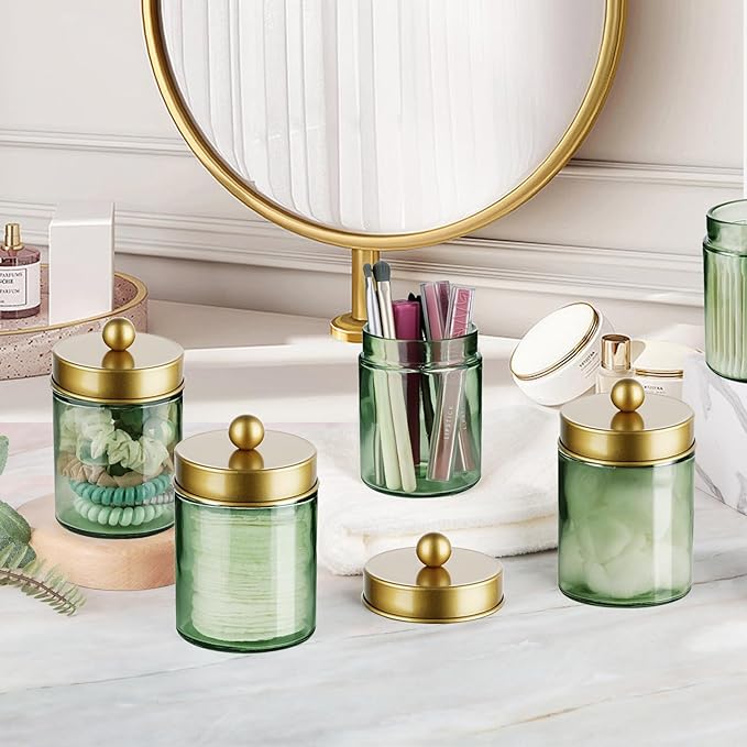 Amolliar Sage Green Qtip Holder, Glass Apothecary Jar Metal Lid & Stickers, Bathroom Qtip Holder Storage Canister, Farmhouse Decor for Cotton Balls, Swabs, Round Pads, Bath Salt, Floss, Gold 2 Pack