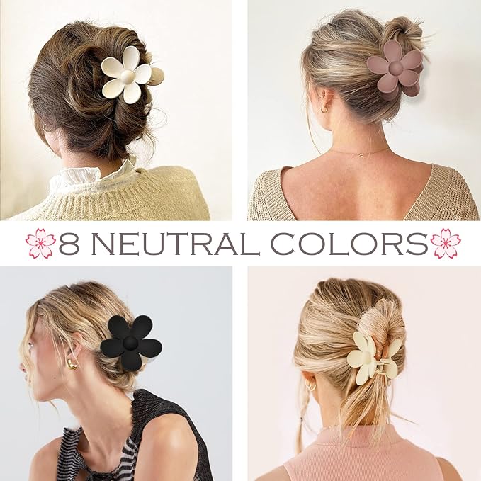 Flower Hair Clips for Women 8PCS, Big Hair Claw Clips Large Daisy Matte Hair ClipsStrong Hold Jaw Claw Clips for Thick Thin Hair 8 Colors