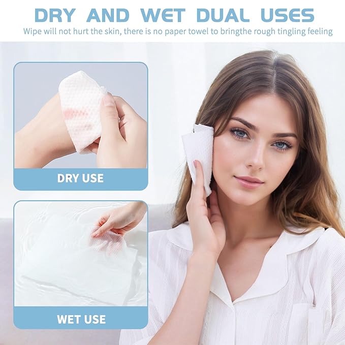 Cotton Facial Dry Wipes 100 Count, Deeply Cleansing Disposable Face Towel Wash Cloth, Multi-Purpose for Skin Care, Make-up and Face Wipes (2 Pack)