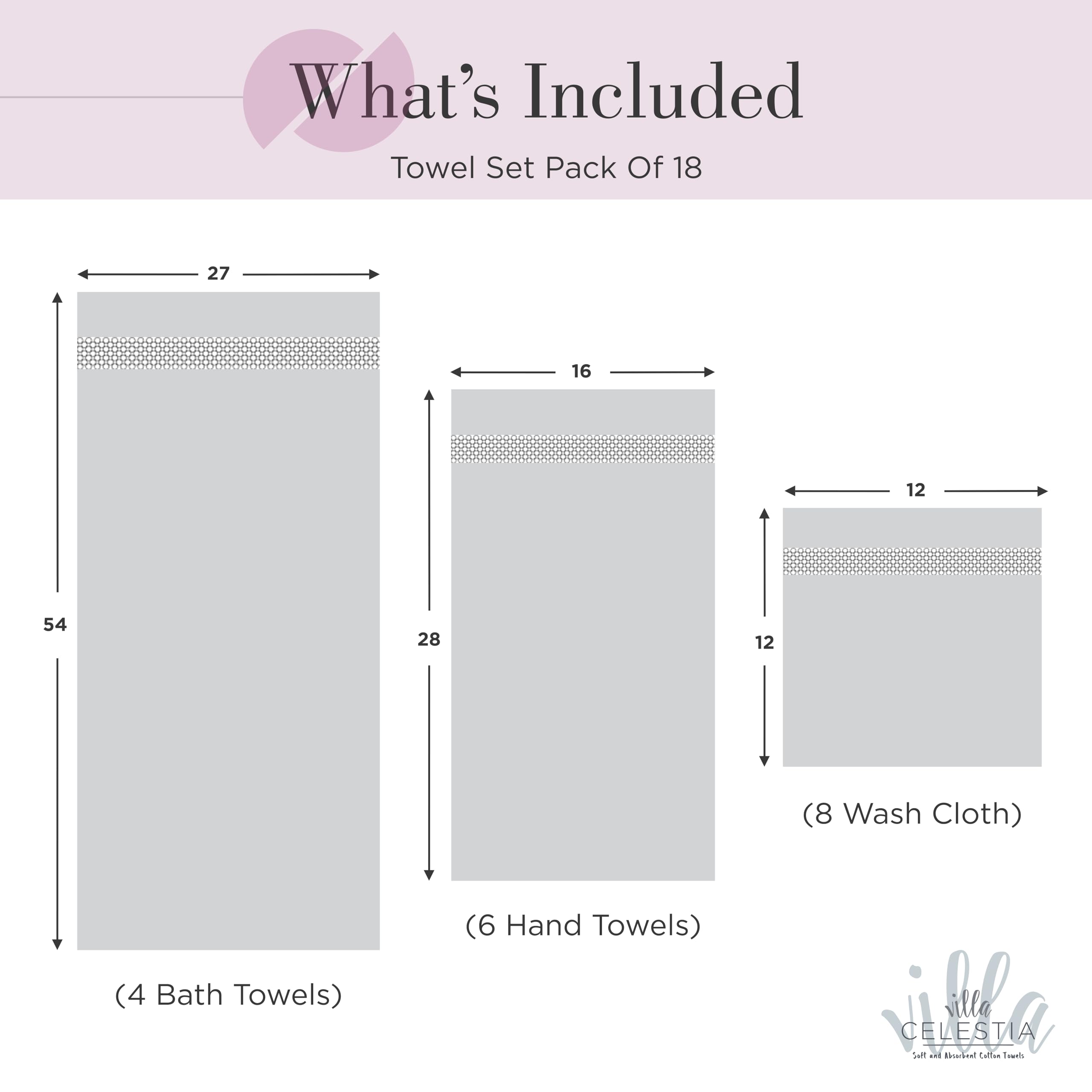 Villa Celestia 18-Piece 100% Cotton Towel Set, 4 Bath Towels, 6 Hand Towels, 8 Wash Cloth, Quick-Dry, Burgandy