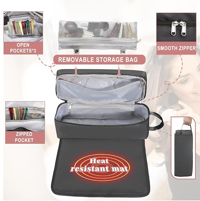 FAMOPLAY Hair Tools Travel Bag with Heat Resistant Mat Hair Styling Accessories Storage Case for Hair Dryer Flat Iron Straightener Curling Iron Haircare Accessories Travel Essentials for Women