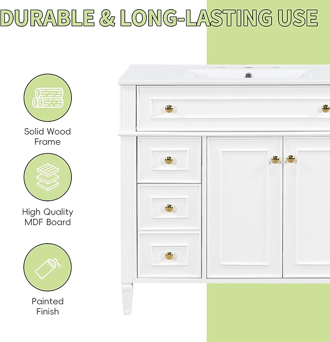 Harper & Bright Designs 36" Bathroom Vanity with Sink, Free Standing Single Basin Vanity Set with Tip-Out Drawer, 2 Drawers, and 2 Doors, Wood Bathroom Cabinet with Ceramic Basin for Bathroom, White