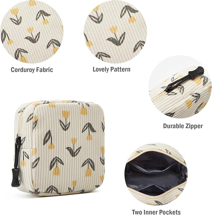 ZOEMTIU Small Makeup Bag for Purse,Mini Cosmetics Bag cute Zipper corduroy Cosmetic Pouch Storage Pouch Travel Toiletry Organizer for Women Girls(Tulip Yellow)