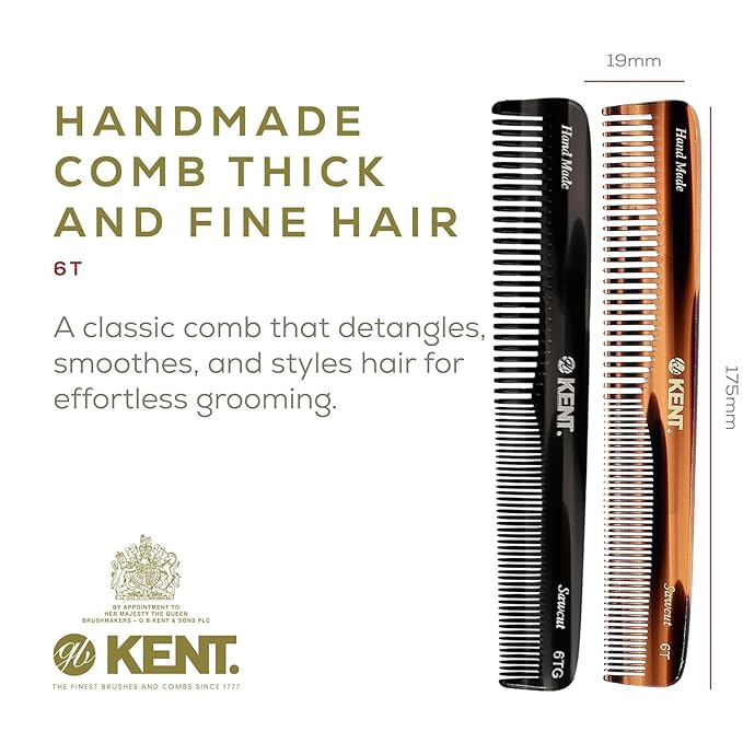 Kent 6T-6T G Fine Tooth and Wide Tooth Hair Comb, Handmade Styling Comb for Hair Care, Barber Combs, Beard Combs For Men, Styling Grooming for Men, Women and Kids
