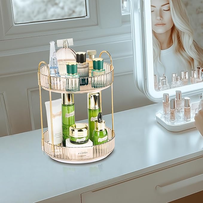 Niluks 360 Rotating Makeup Organizer - Large Capacity Spinning Perfume & Cosmetic Skincare Holder for Vanity & Countertop (Vibrant Orange, 2 Tier)