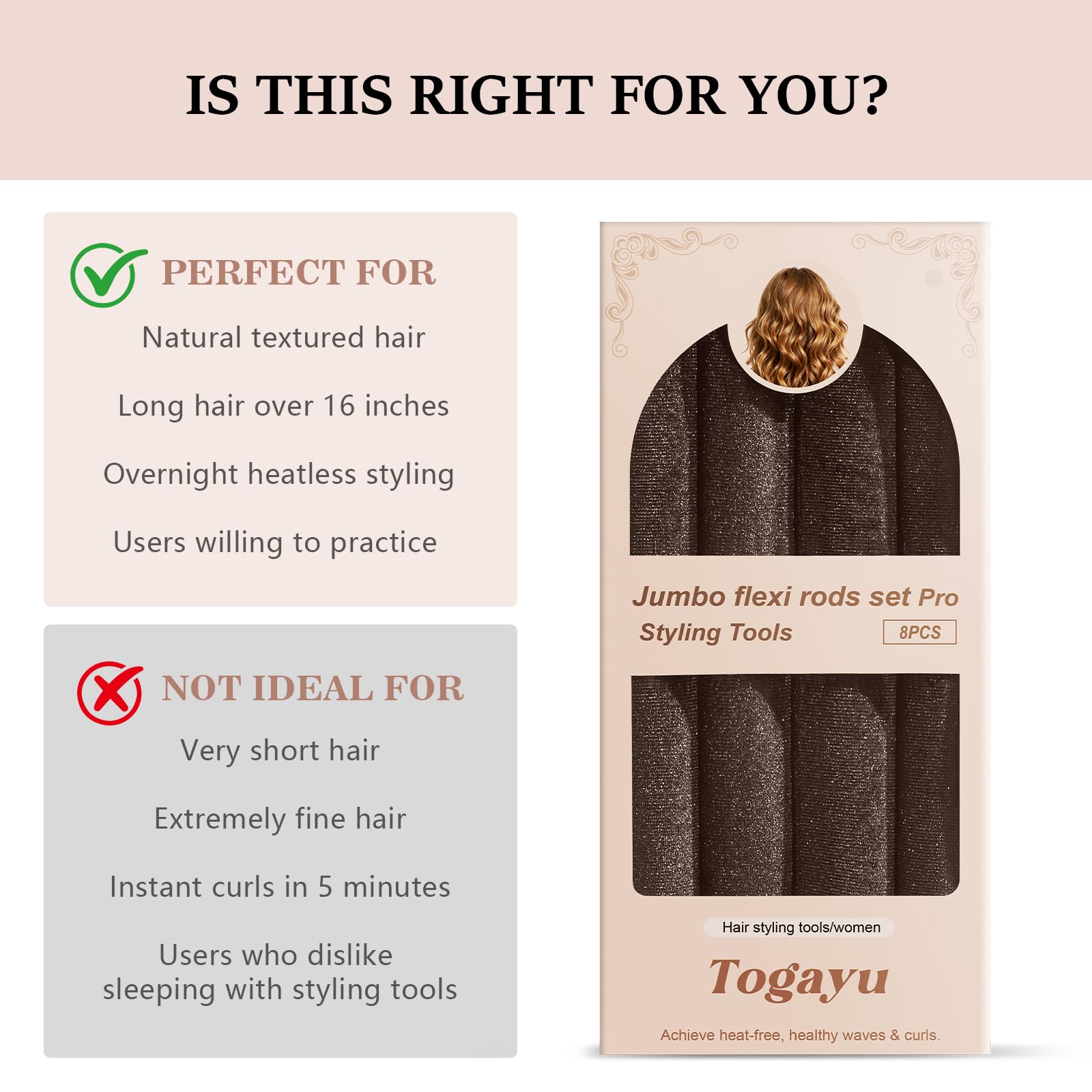 Togayu Heatless Curls Overnight Set for Natural Hair, Comfortable Easy-Lock Rollers, Heat-Free Hair Curlers for Long Textured Hair, 6PCS Blue