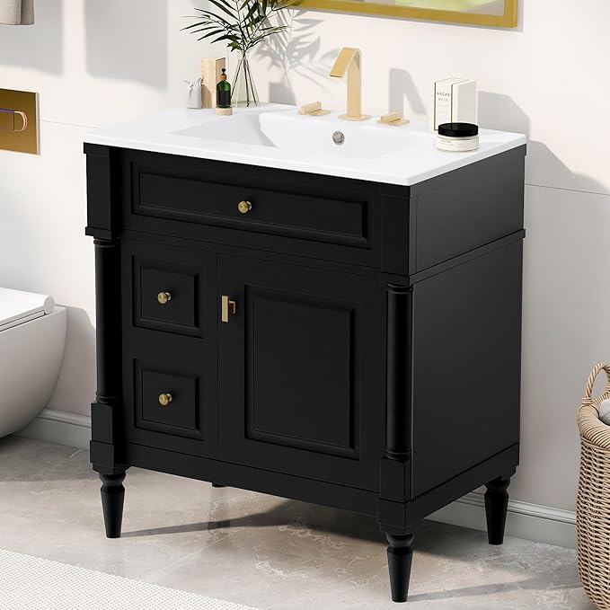 Harper & Bright Designs 30" Bathroom Vanity with Sink, Free Standing Bathroom Vanity Set with Flip Drawer, 2 Drawers, and Adjustable Shelf, Wood Storage Cabinet with Ceramic Basin for Bathroom, Black