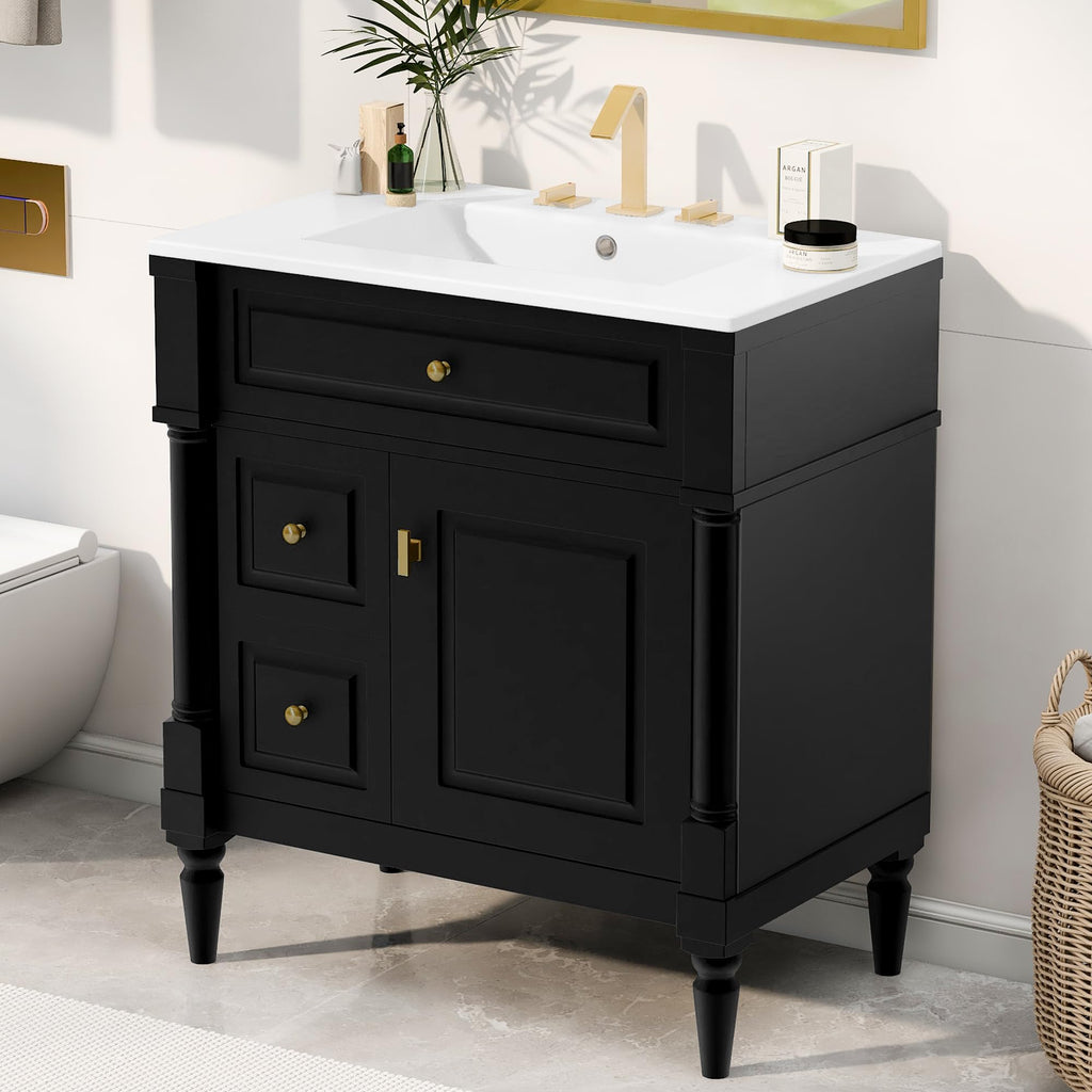 Harper & Bright Designs 30" Bathroom Vanity with Sink, Free Standing Bathroom Vanity Set with Flip Drawer, 2 Drawers, and Adjustable Shelf, Wood Storage Cabinet with Ceramic Basin for Bathroom, Black