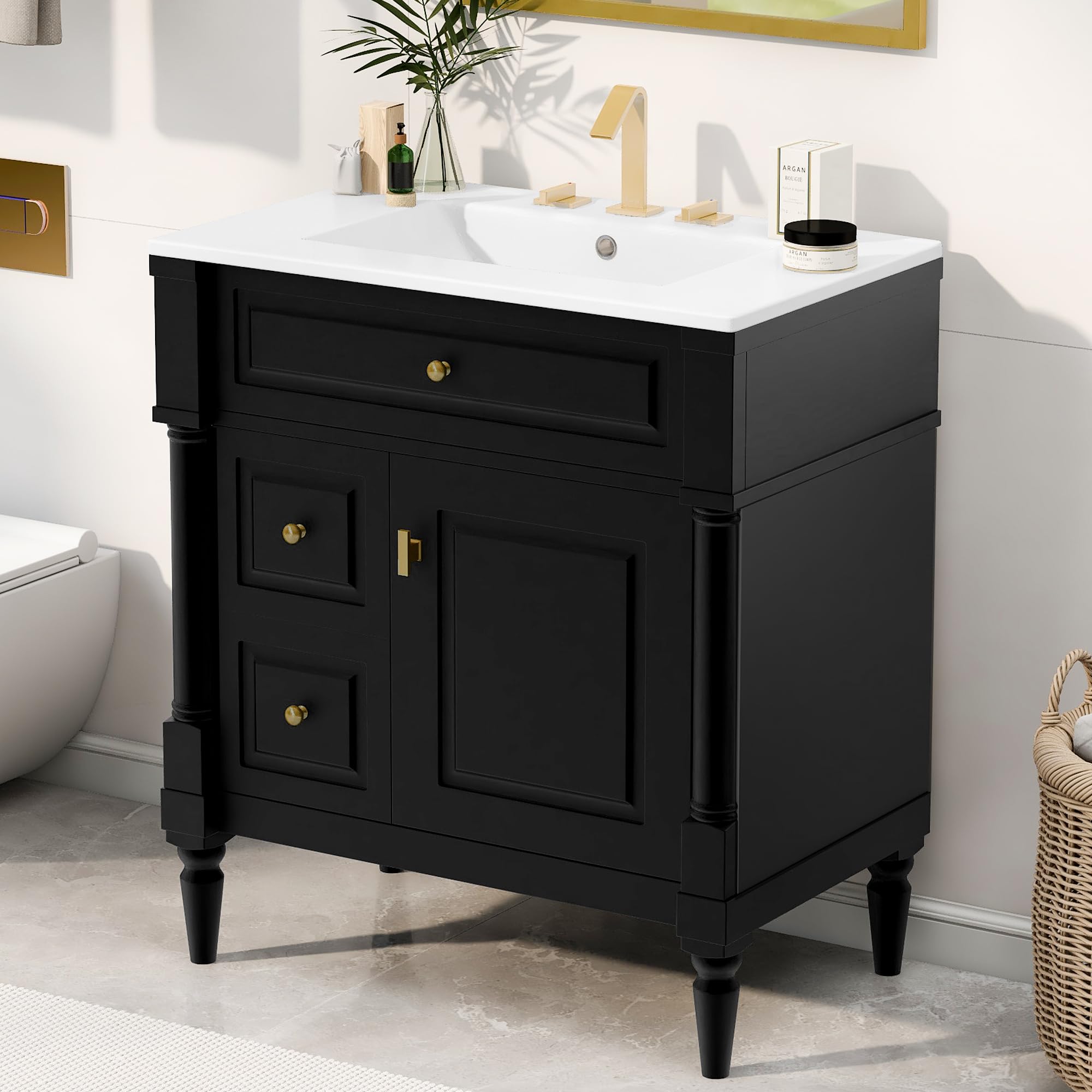 Harper & Bright Designs 30" Bathroom Vanity with Sink, Free Standing Bathroom Vanity Set with Flip Drawer, 2 Drawers, and Adjustable Shelf, Wood Storage Cabinet with Ceramic Basin for Bathroom, Black