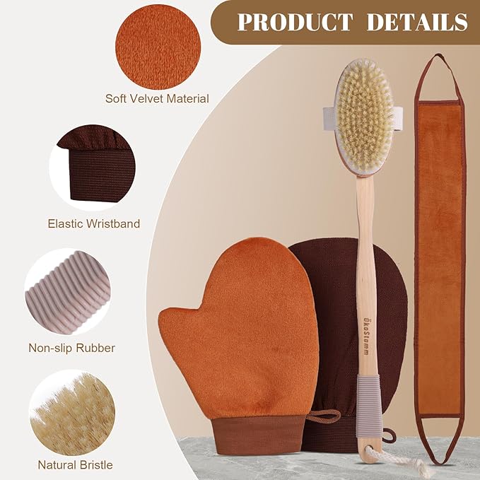 ÖkoStamm 4-in-1 Self Tanner Applicator Kit - Self Tanning Mitt with Long Handle Body Brush for Back Exfoliating and Streak-free Self Tan
