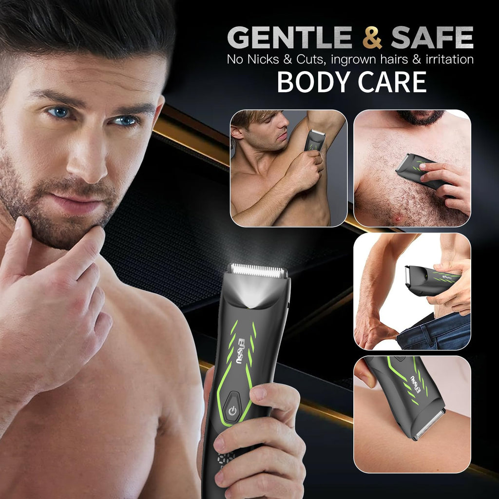 ENSSU Manscape Body Hair Trimmer for Men, Pubic Groin Hair Trimmer for Men with Safe Blade, Cordless Ball Shaver w/Light, Charging Dock, Waterproof Body Groomer Man, LED Display, 1H Charge,Green