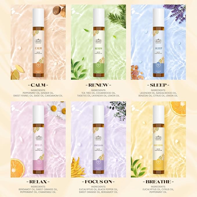 Essential Oils Roll On Set,Gifts for Women & Men (Calm, Relax, Breathe, Focus on, Sleep, Renew), Natural Aromatherapy Oil Blend Kit with Roller Ball for Massage, Body Skin Care, Relaxation Gift