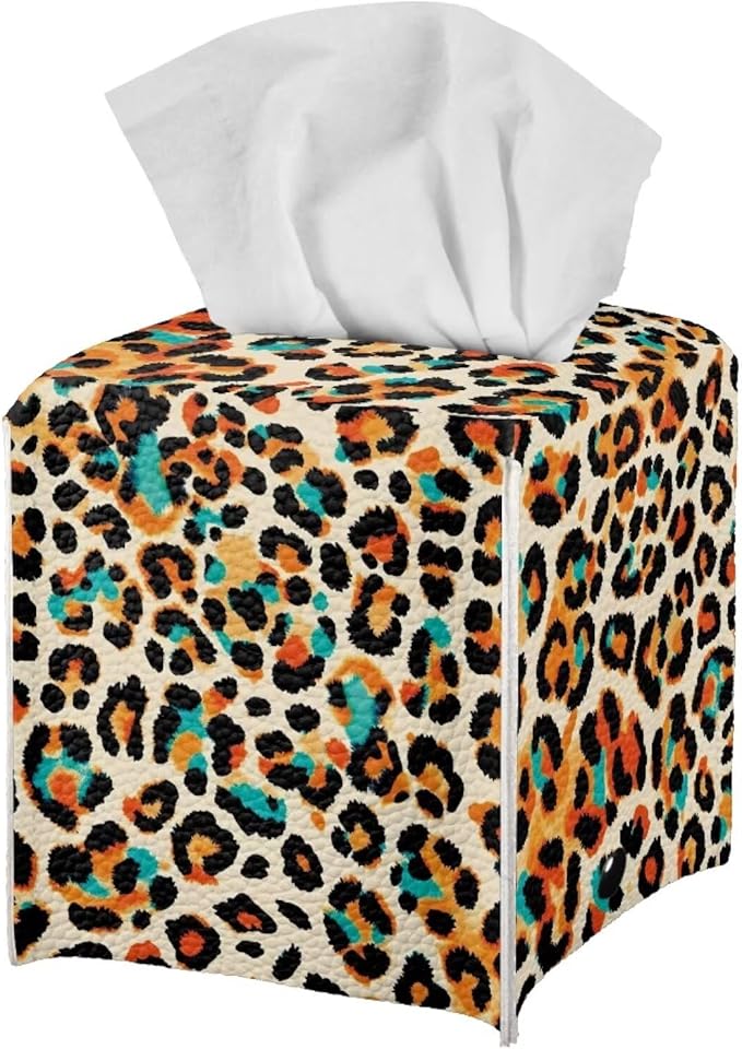 Leopard Print Tissue Box Holder Stylish Leather Square Tissue Box Cover with Top Handle Waterproof Napkin Case Holder Home Office Bathroom Decor