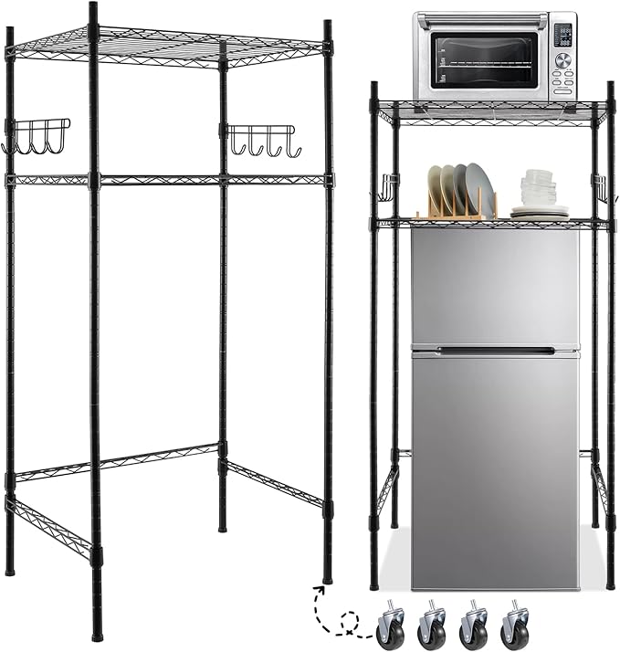 Sararoom Mini Fridge Shelf with Storage, 2-Tier Height Adjustable Mini Fridge Stand, Microwave Stand Multifunctional Rack with 4 Castor Wheel for Dorm Kitchen Office, 52” H x 24” W x 18” D, Black