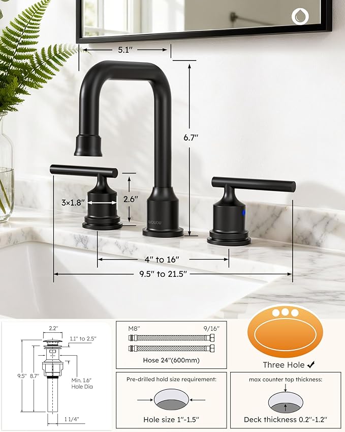WOWOW Two Handles Widespread 8 inch Bathroom Faucet Black 3 Pieces Basin Faucets 360 Degree Swivel Spout Lavatory Sink Faucet