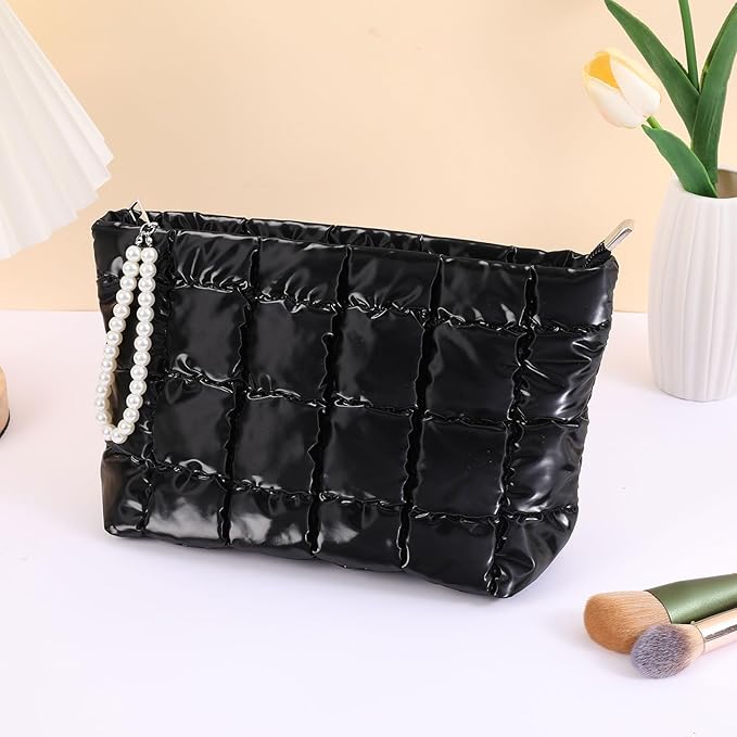 Beayuva Puffer Quilted Makeup Bag Travel Cosmetic Bag Portable Puffy Checkered Toiletry Pouch Skincare Organizer Purse Pencil Case (Black)