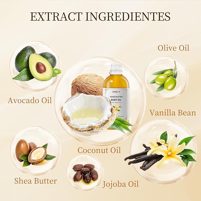 Gaayou Warm Vanilla Bean Body Oil - Vanilla Body Oil Deep Moisturizing Vanilla Perfume Oil Coconut Cream Pie Body Oils for All Skin Types After Shower