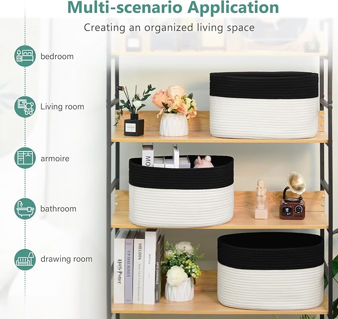 Cotton Rope Storage Basket, 15x10x9 Inches, Woven Basket for Shelves, Clothes, Towels, Books, and Laundry, Black/White (3 Pack)