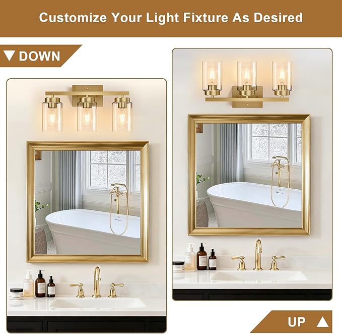 IZORRO Modern Bathroom Light Fixtures, 3 Light Brushed Gold Vanity Lights, Bathroom Lighting Fixtures Over Mirror with Clear Glass for Living Room Cabinet Bedroom
